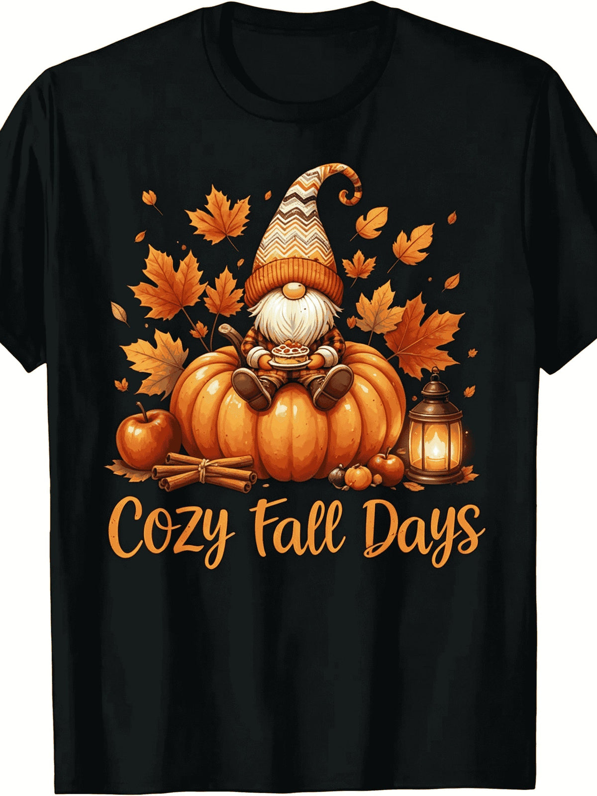 Cozy Fall Days Gnome Pumpkin Pie Maple Leaf Lantern Apple Cinnamon Stick Graphic Short Sleeve T-Shirt, Cute Autumn Harvest Season Casual Tee Top