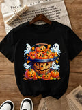 Halloween Pumpkin Basket Ghost Print Cotton Tee Spring Fall Crew Neck Top