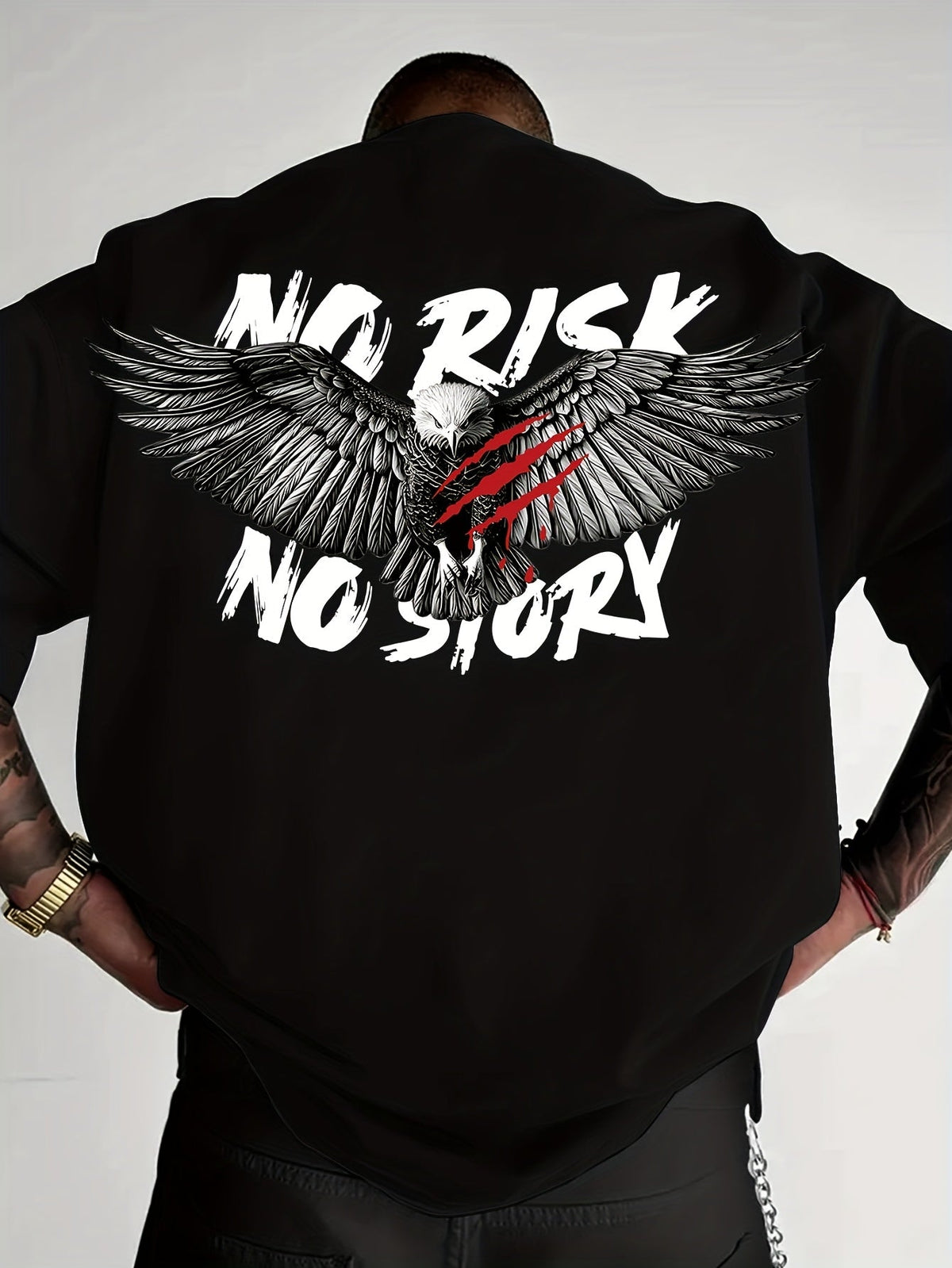 Men's Round Neck Short Sleeve T-Shirt, "No Risk No Story" Eagle Graphic Back Print, Breathable Casual Men Tshirts