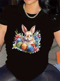Women Easter Holiday Graphic Tee, Watercolor Bunny Colorful Easter Eggs Floral Design Short‑Sleeve Crew Neck Casual T‑Shirt