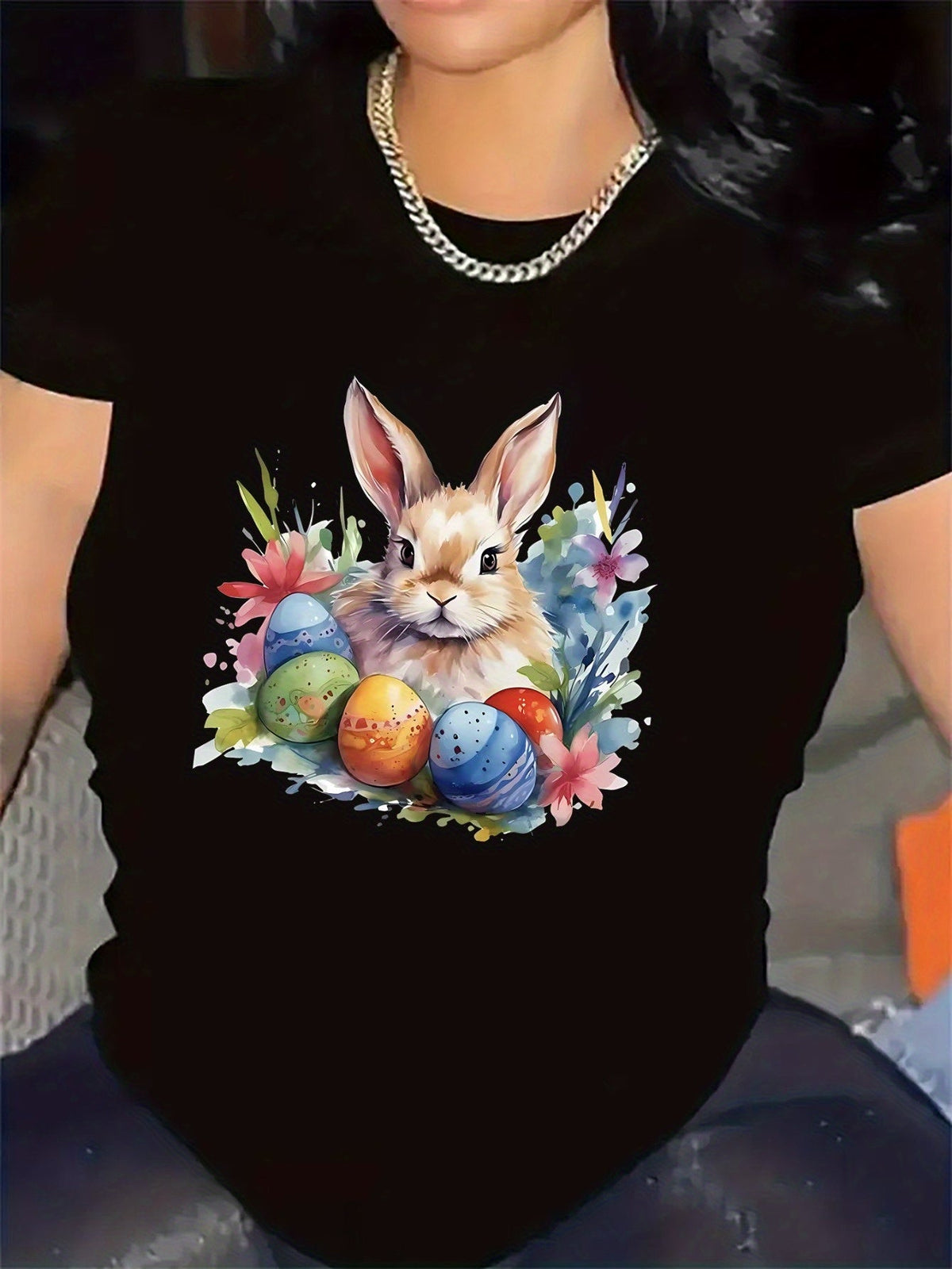 Women Easter Holiday Graphic Tee, Watercolor Bunny Colorful Easter Eggs Floral Design Short‑Sleeve Crew Neck Casual T‑Shirt