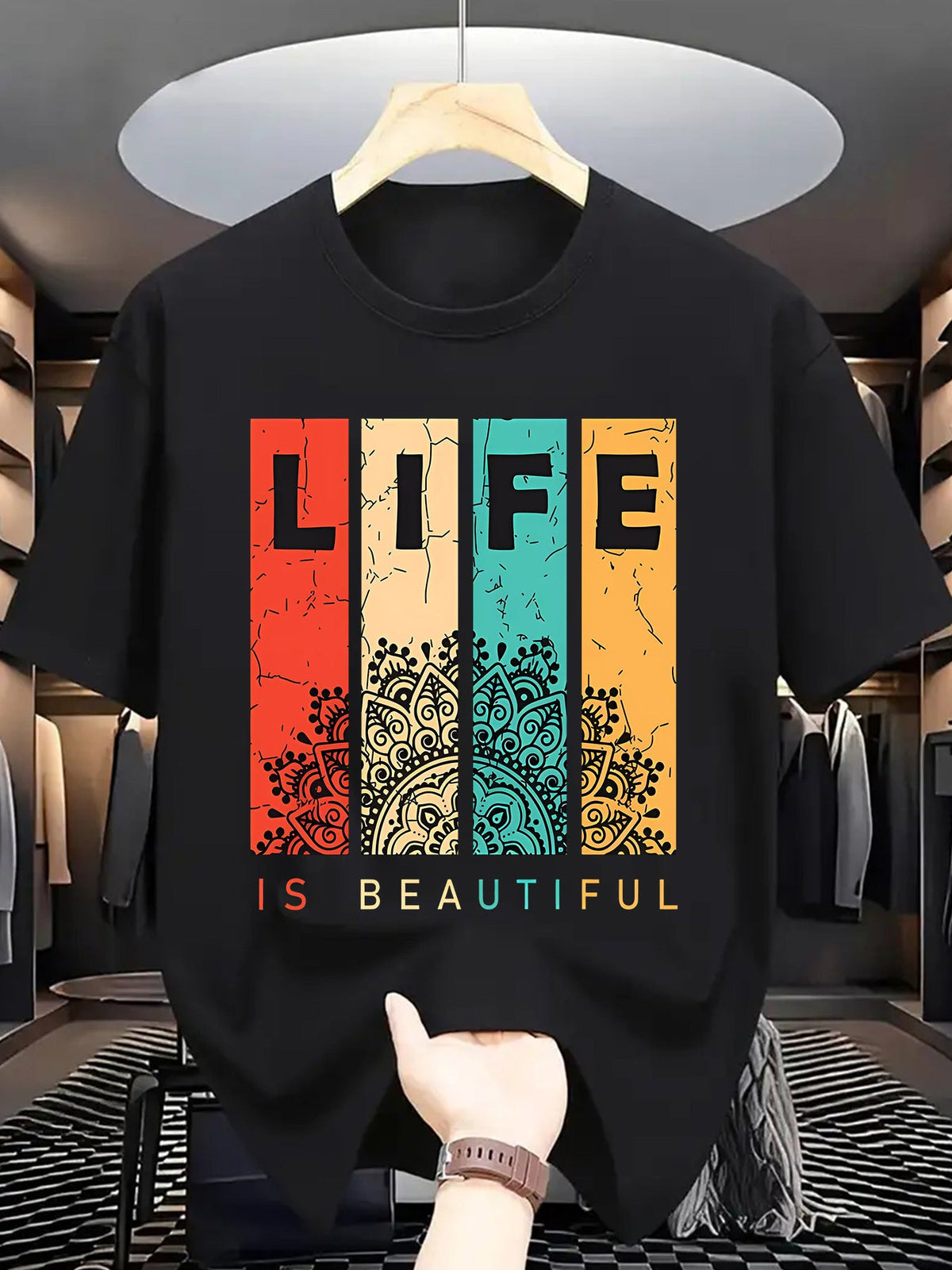 Men's Short Sleeve Crew Neck T-Shirt, Trendy "Life Is Beautiful" Colorful Graphic Print Casual Tee Men Clothing
