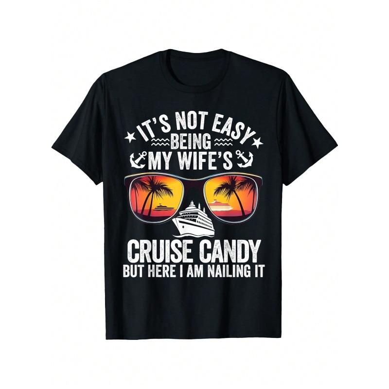 Men's "Cruise Candy" Graphic T-Shirt - Funny & Playful 100% Cotton Tee, Casual Round Neck Short Sleeve, Black With Colorful Cruise Ship & Palm Tree Design, Casual Wear| Fun Print Tshirt| Sunset Graphic