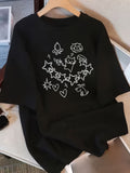 Doodle Cartoon Graphic Short Sleeve T‑Shirt, Cute Hand‑Draw Cat Dog Star Heart UFO Print Crew Neck Casual Daily Tee
