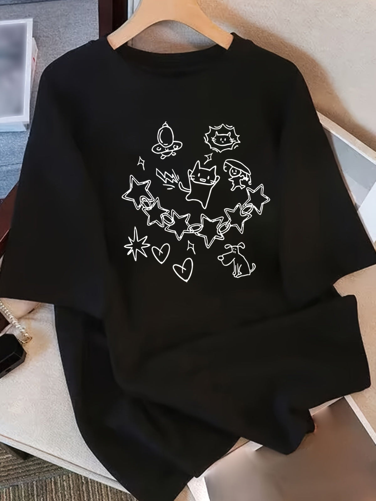 Doodle Cartoon Graphic Short Sleeve T‑Shirt, Cute Hand‑Draw Cat Dog Star Heart UFO Print Crew Neck Casual Daily Tee