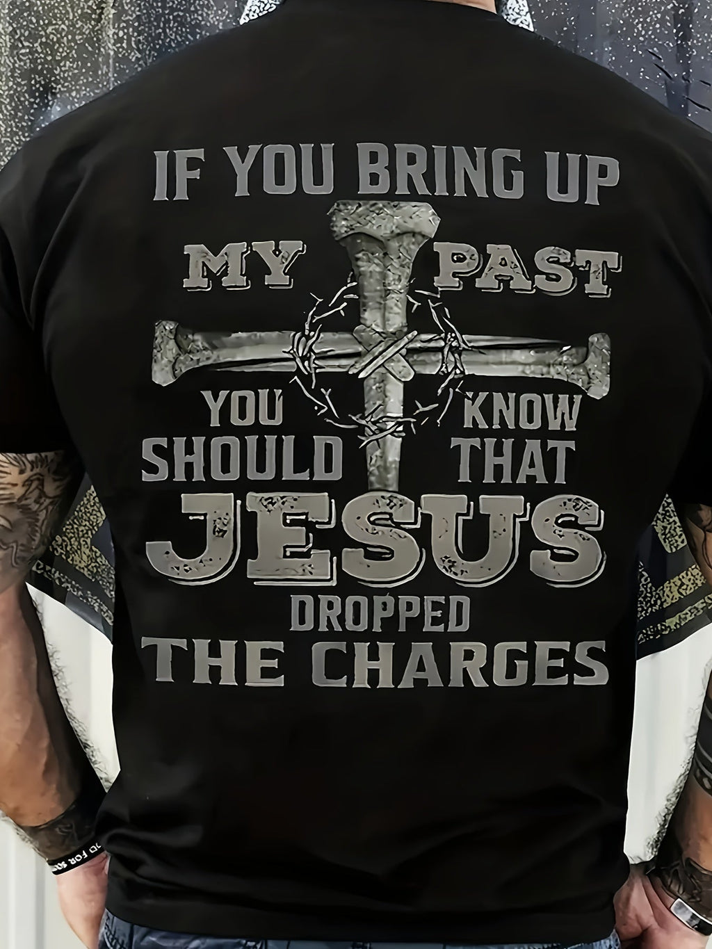 Men’s Jesus Dropped The Charges Back Print T‑Shirt, Nail Cross Thorn Crown Graphic Crew Neck Short Sleeve Christian Faith Casual Tee