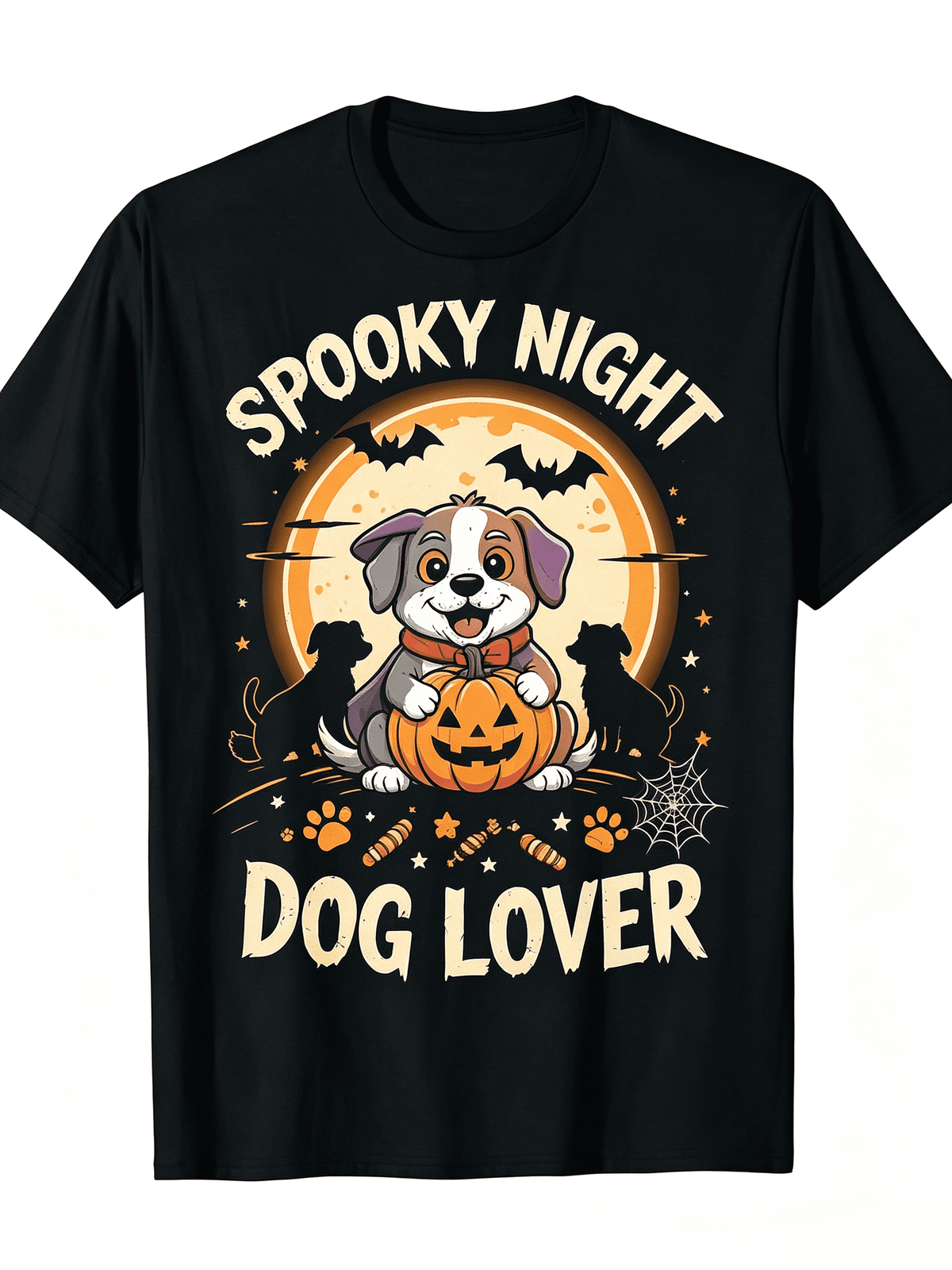 Spooky Night Dog Lover T-Shirt Halloween Pumpkin Puppy Bat Moon Graphic Tee
