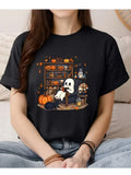 Reading Ghost Black Cat Pumpkin Print Short Sleeve Tee Halloween Crew Top