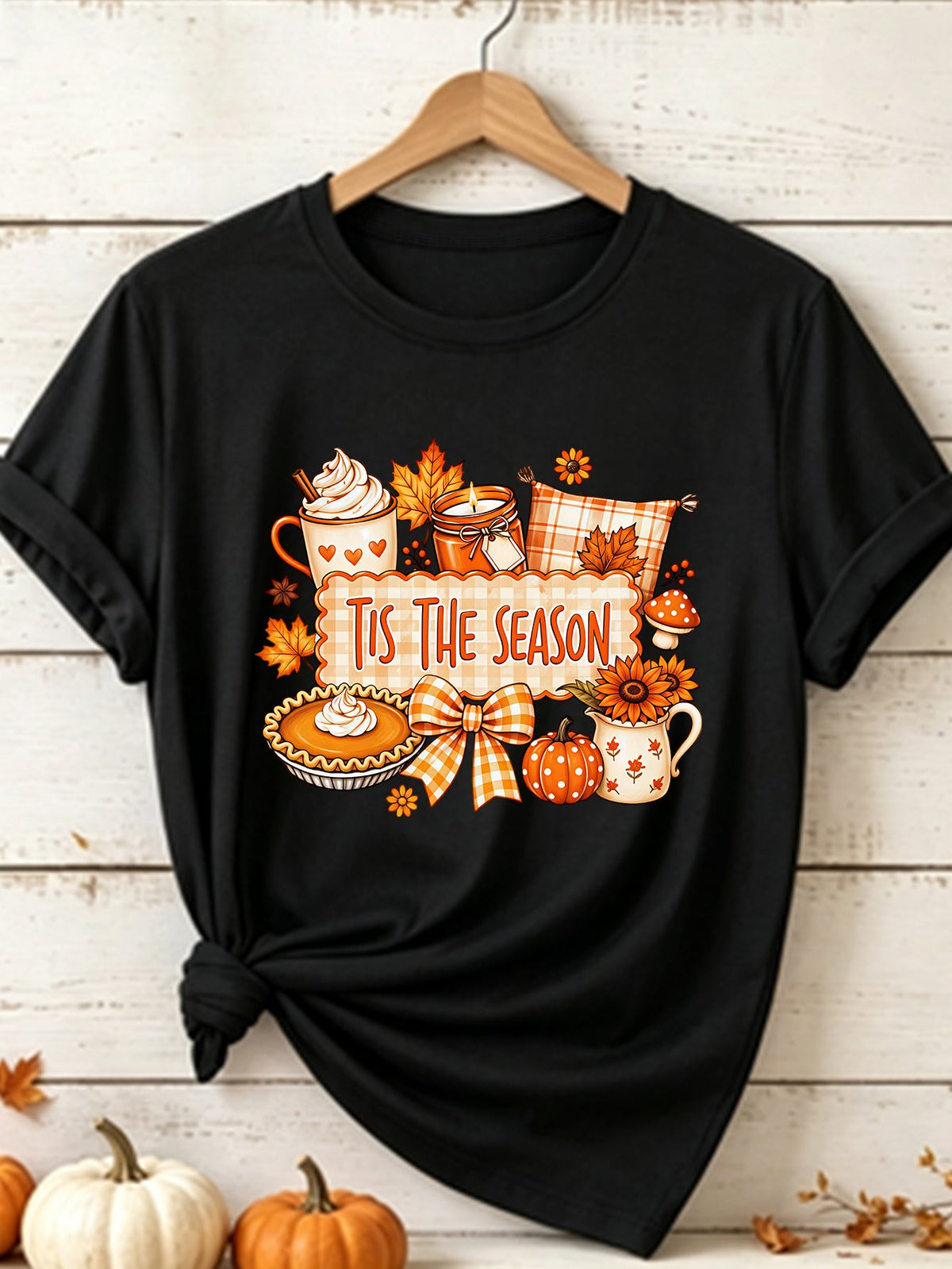 Tis The Season T-Shirt Pumpkin Pie Sunflower Plaid Bow Graphic Tee Women Fall Thanksgiving