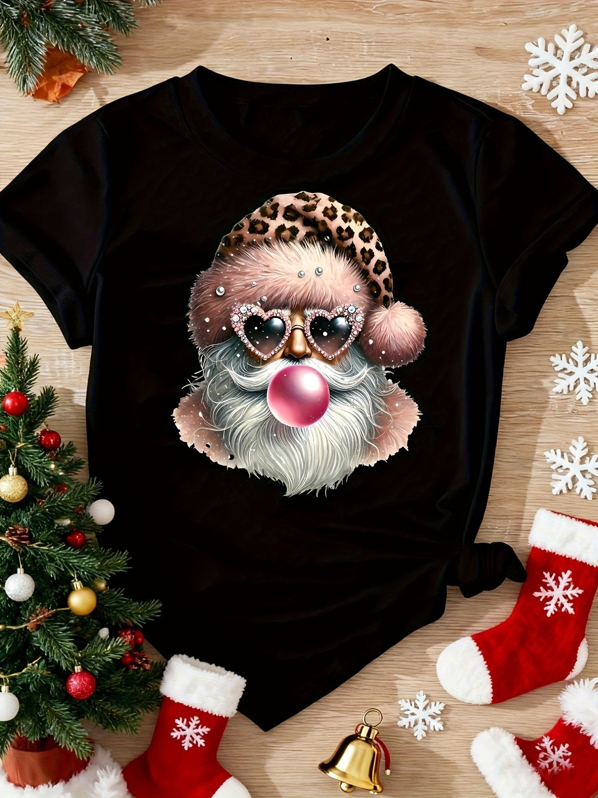 Leopard Santa T-Shirt Bubblegum Heart Sunglasses Christmas Graphic Tee