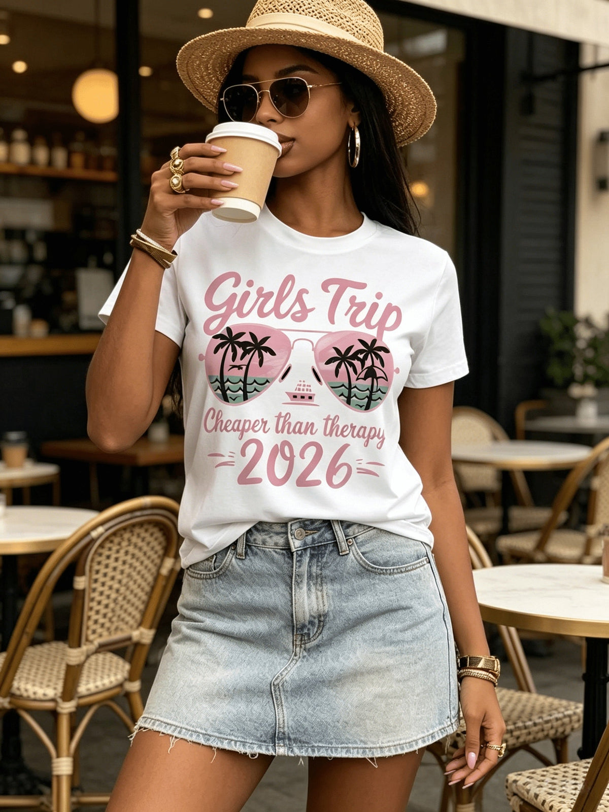 2026 T-Shirt Women's Pink Sunglass Cruise Palm Tree Print Short Sleeve Crew Neck Casual Tee