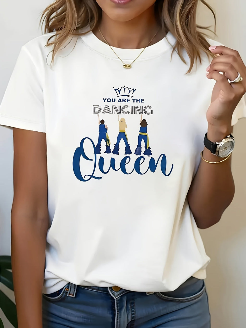 Womens Dance Queen Graphic Tee Dancer Silhouette Crew Neck Short Sleeve Stretchy Opaque Party Costume Event Comfort Top