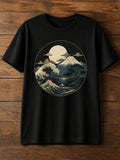 Great Wave Mount Full Moon Bonsai Tree Graphic Short Sleeve T-Shirt, Vintage Ukiyo-E Oriental Ocean Landscape Art Casual Tee Top