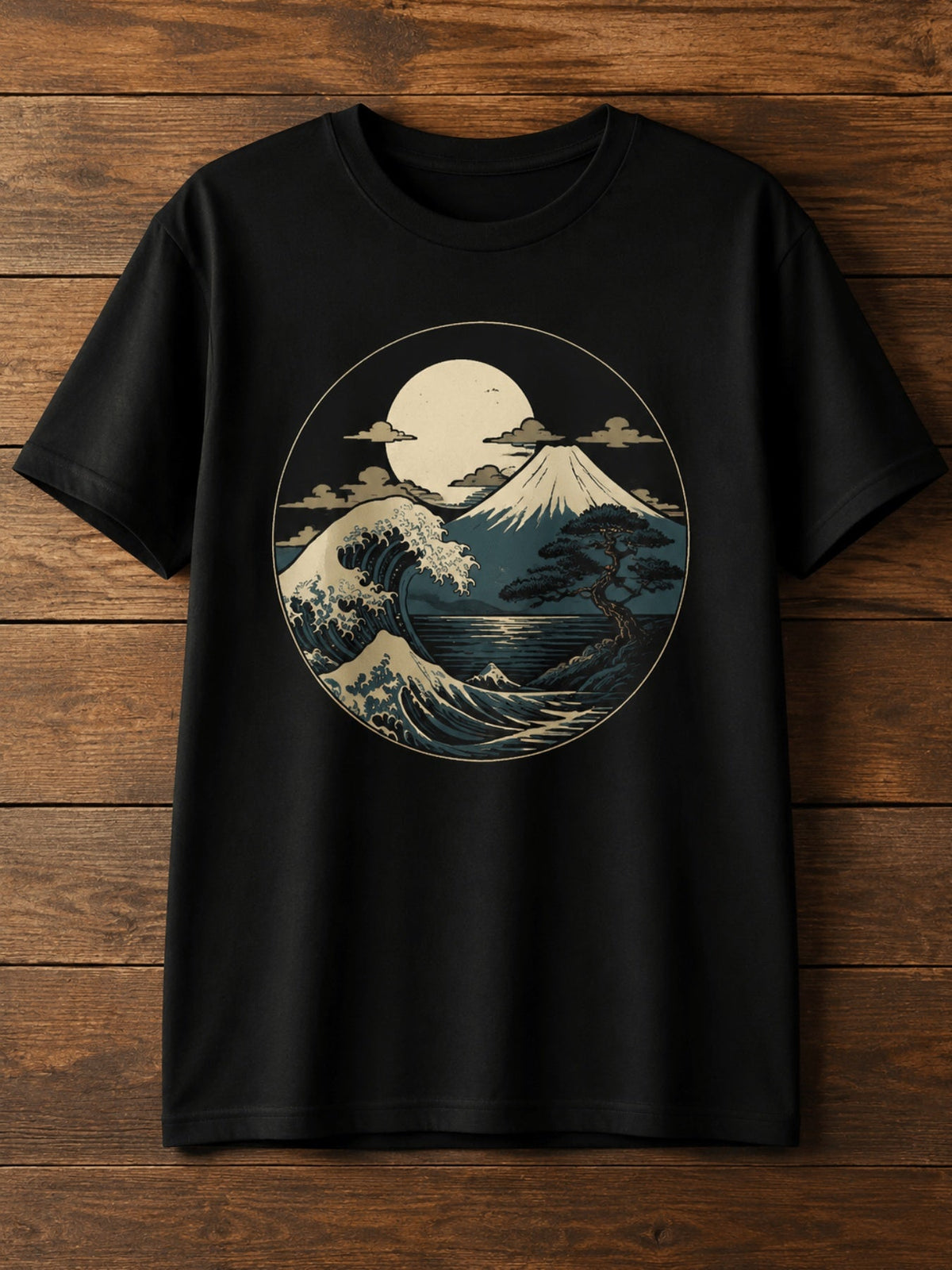Great Wave Mount Full Moon Bonsai Tree Graphic Short Sleeve T-Shirt, Vintage Ukiyo-E Oriental Ocean Landscape Art Casual Tee Top