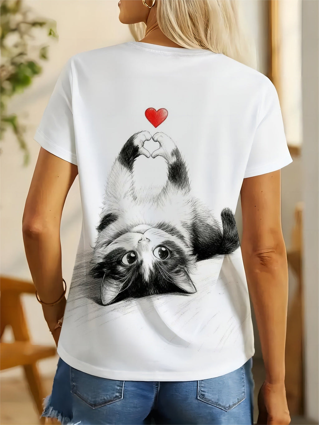 Cute Cat Heart Hand Print Tee Crew Neck Short Sleeve Casual Top
