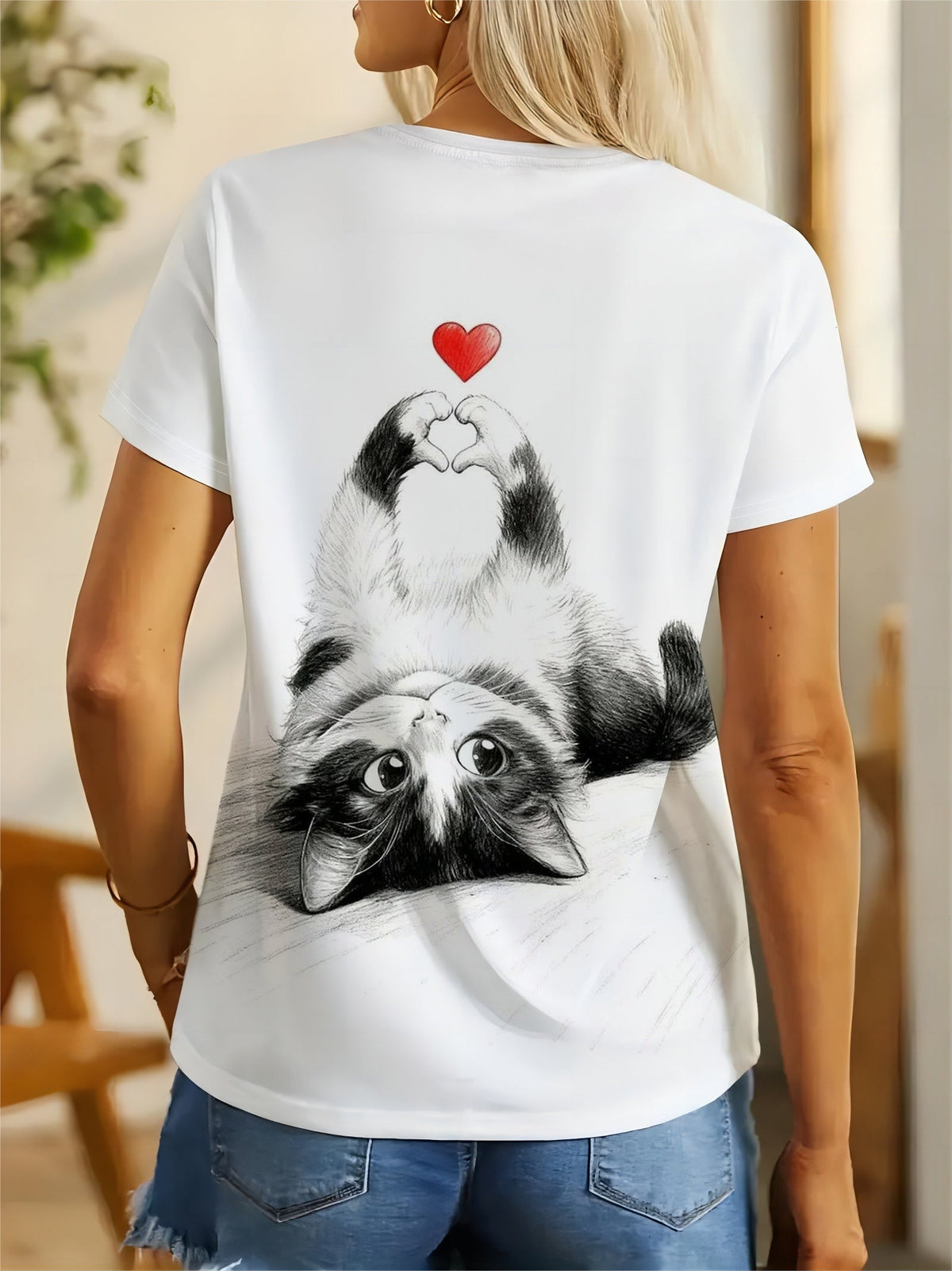 Cute Cat Heart Hand Print Tee Crew Neck Short Sleeve Casual Top