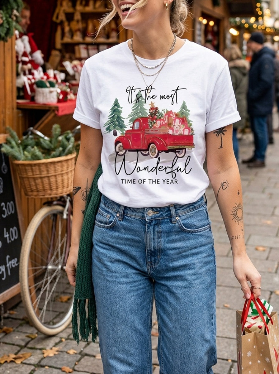 White Christmas Graphic T-Shirt Women's Red Truck With Gifts & Dog Pine Tree Print "Wonderful Time" Casual Short Sleeve Tee