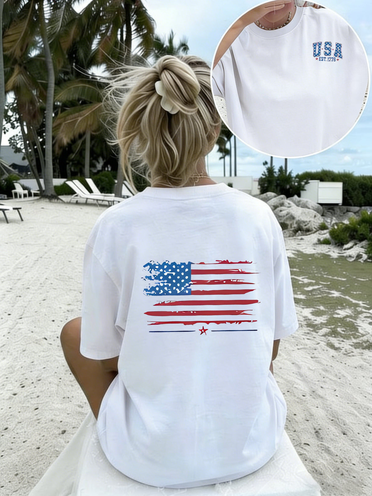 Double Sided Print Crew Neck T-Shirt, Distressed American Flag And USA Letter Graphic Tee, Casual Short Sleeve Top, Patriotic Independence Day Stylish Daily Outfit