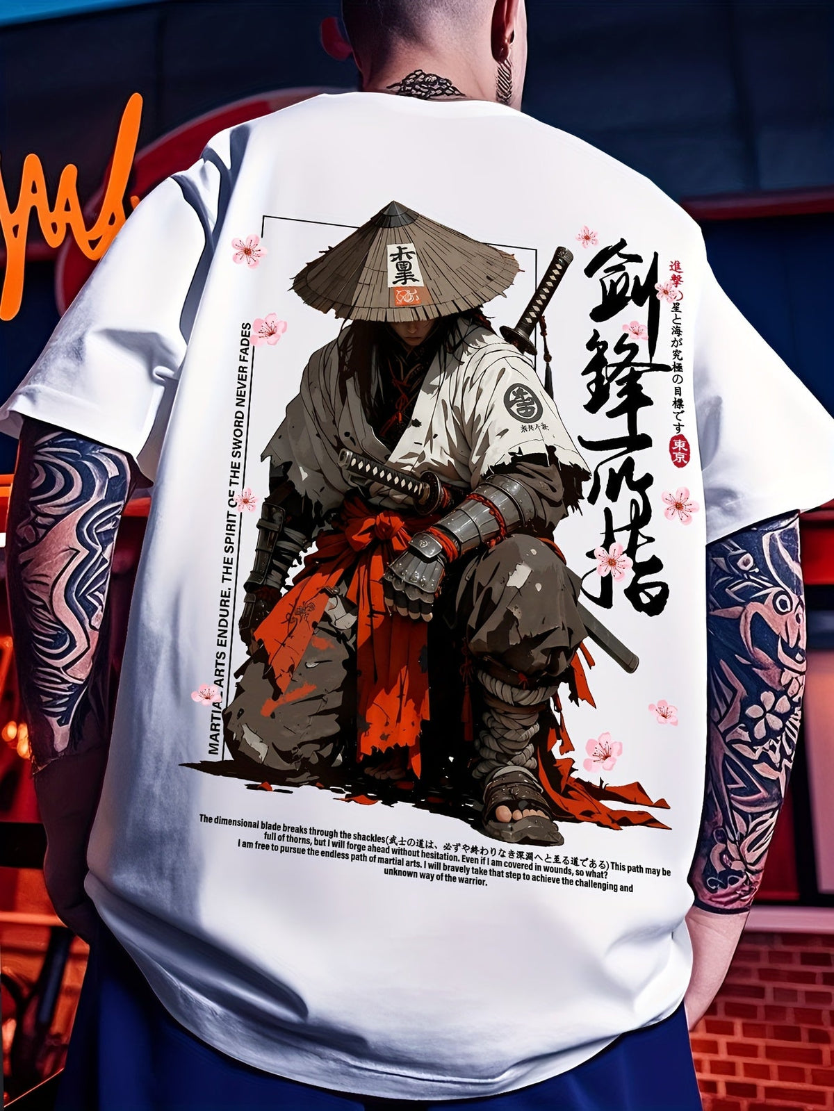 Men'S Casual Athletic T-Shirt, Japanese Sumi-E Style Samurai Pattern Heat Transfer Print Tshirts For Men，Men Clothing