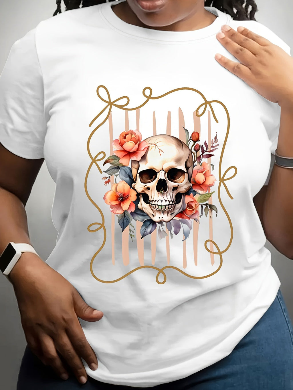 Plus-Size Halloween Cowboy Skull & Floral Print T-Shirt