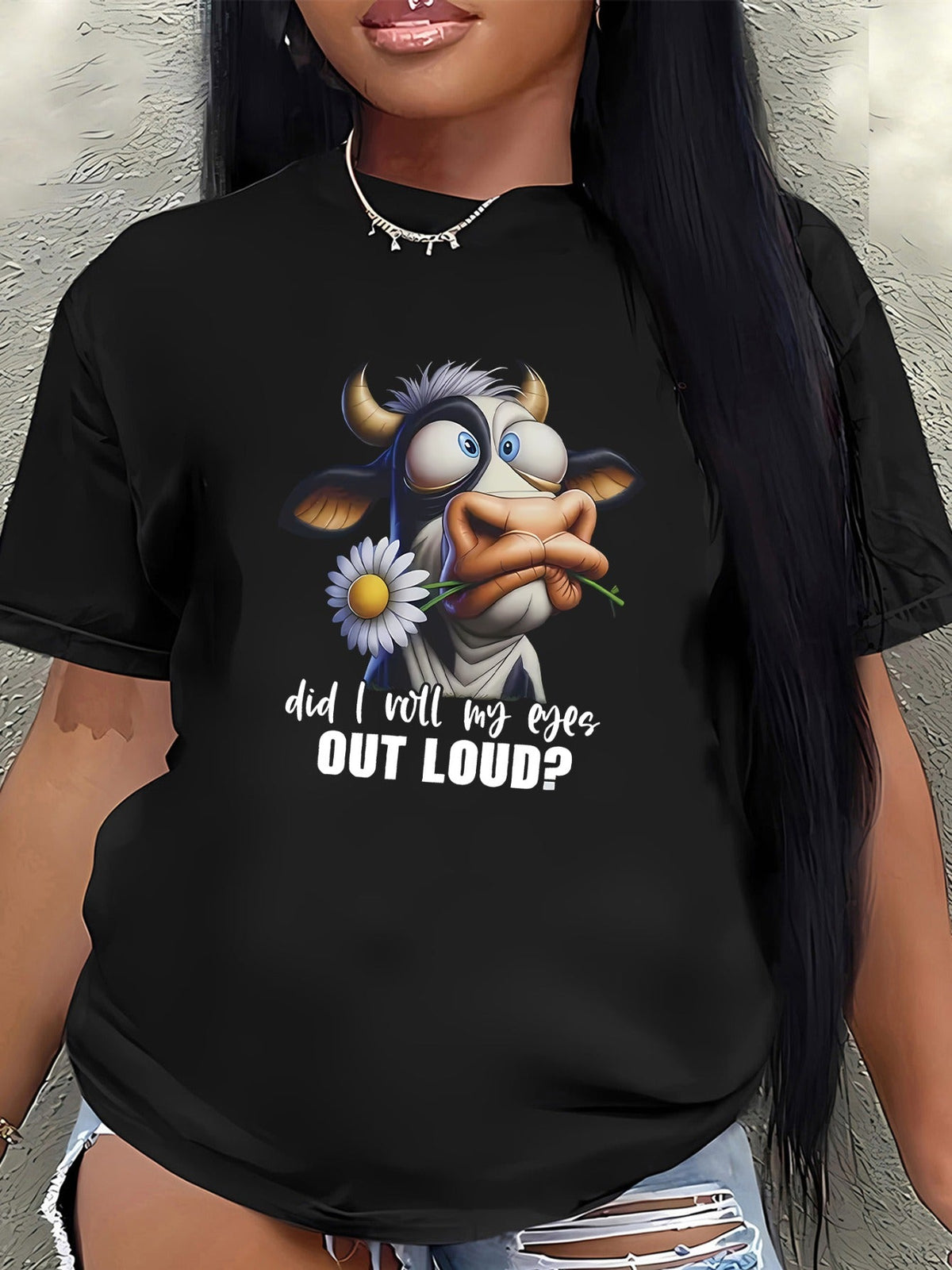 Did I Roll My Eyes Out Loud Funny Cow Daisy Graphic Short Sleeve T‑Shirt, Humorous Sarcastic Farm Animal Casual Everyday Tee Top