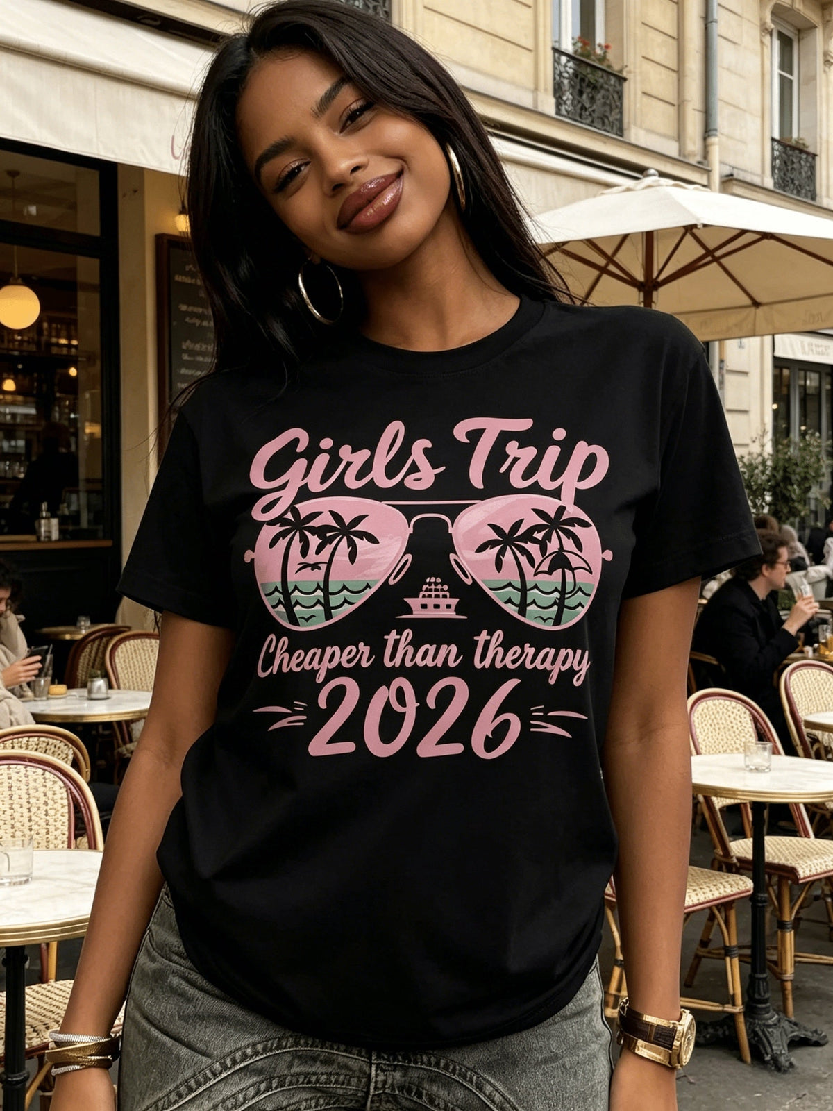 2026 T-Shirt Women's Pink Sunglass Cruise Palm Tree Print Short Sleeve Crew Neck Casual Tee