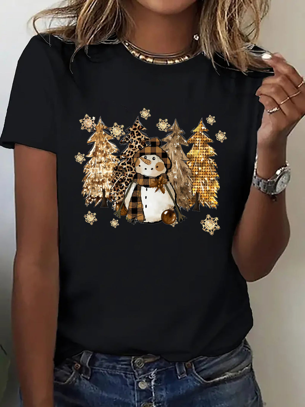 Women’s Christmas Snowman Graphic T‑Shirt, Leopard Plaid Christmas Tree Festive Casual Holiday Top，Women Tshirts