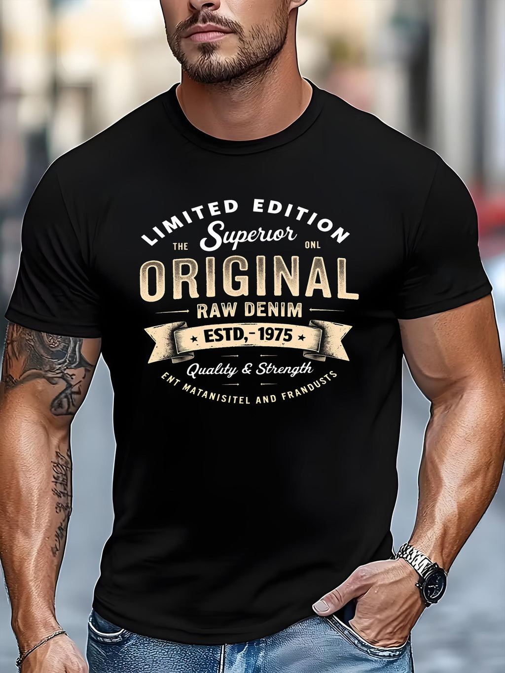 Men’s Vintage Graphic Short‑Sleeve T‑Shirt, Retro Raw Denim Style Print Crew Neck Casual Top，Men Tshirts