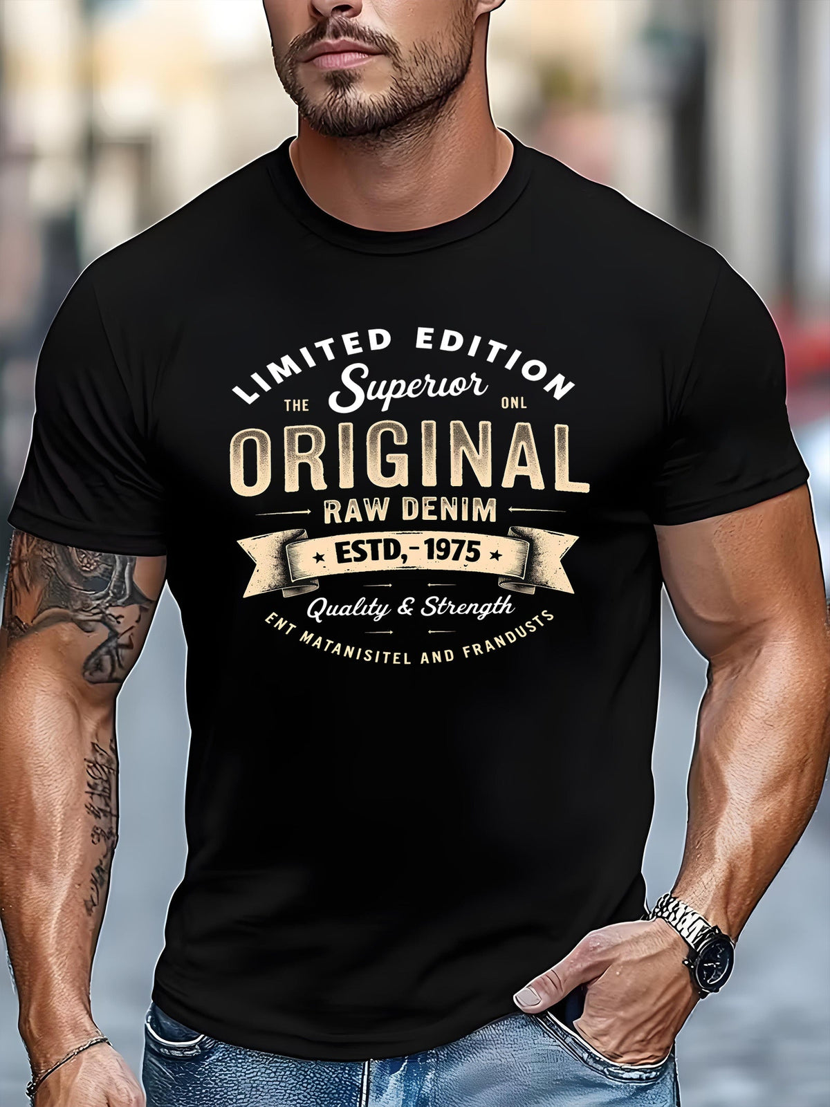 Men’s Vintage Graphic Short‑Sleeve T‑Shirt, Retro Raw Denim Style Print Crew Neck Casual Top，Men Tshirts