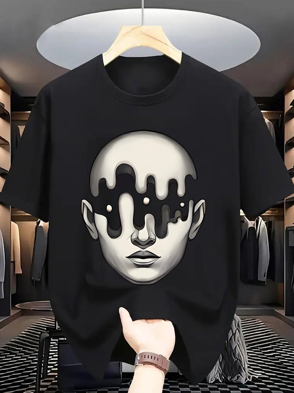 Men's Crew Neck T-Shirt, Trendy Surreal Melting Face Graphic Print Casual Everyday Streetwear Tee Men Clothing