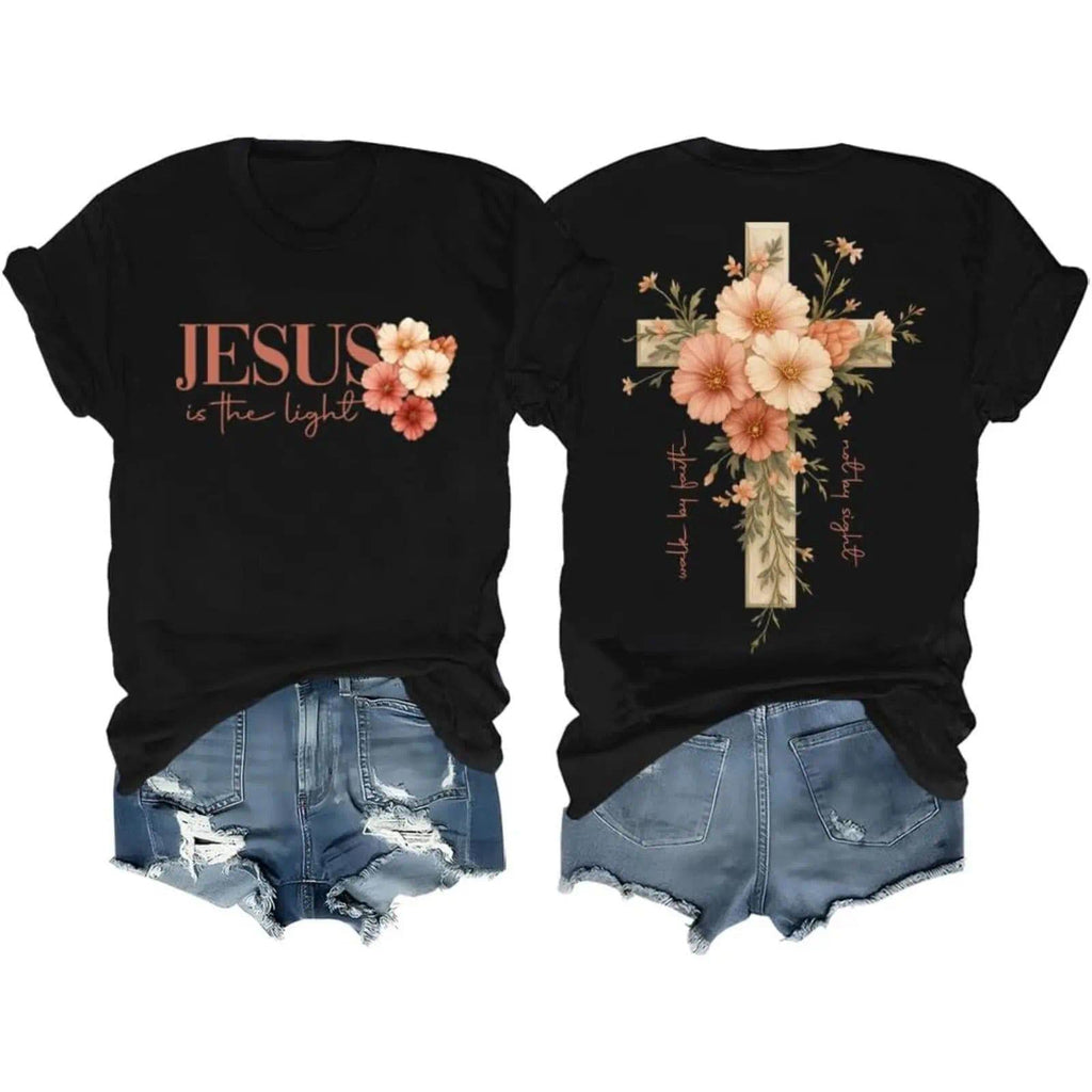 Faith Cross Christian Shirts for Women with Beautiful Floral Cross Print