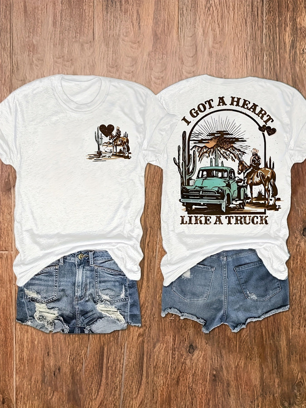 Women's "I Got A Heart Like A Truck" T-Shirt Western Cowboy Vintage Pickup Graphic Tee Short Sleeve Top