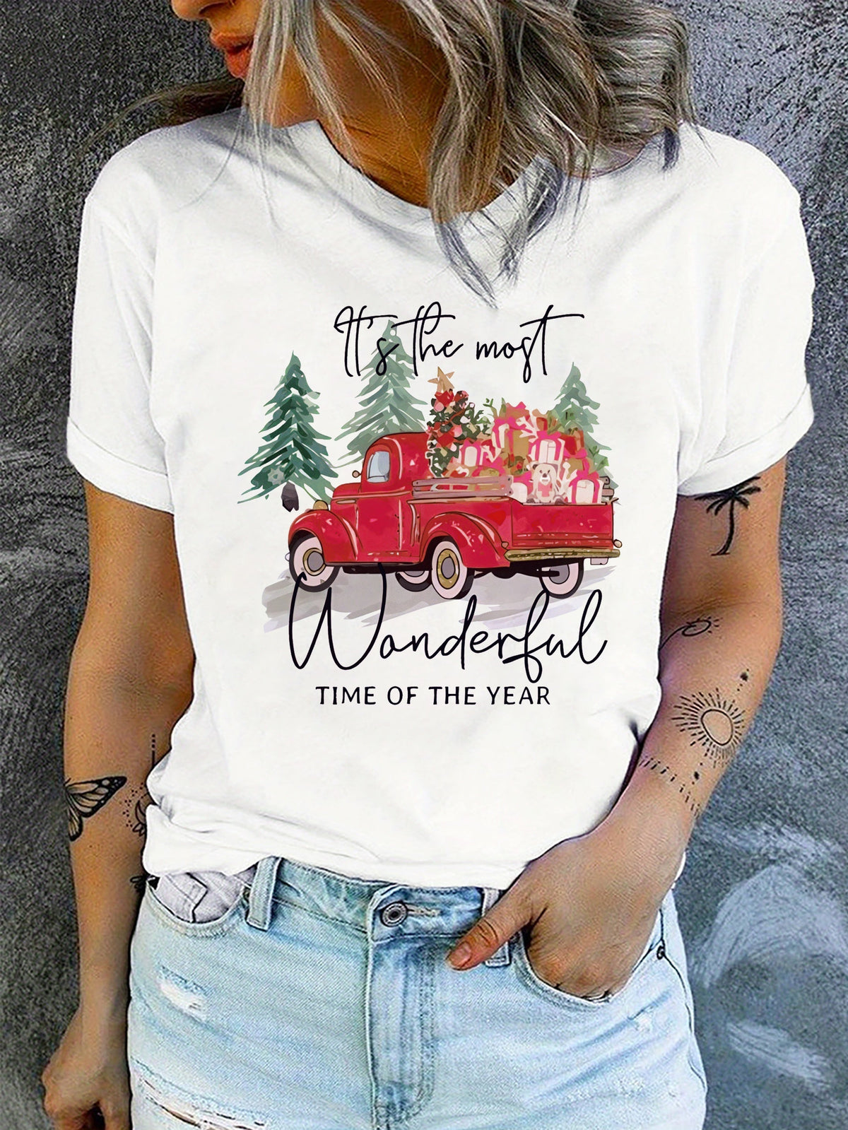 White Christmas Graphic T-Shirt Women's Red Truck With Gifts & Dog Pine Tree Print "Wonderful Time" Casual Short Sleeve Tee