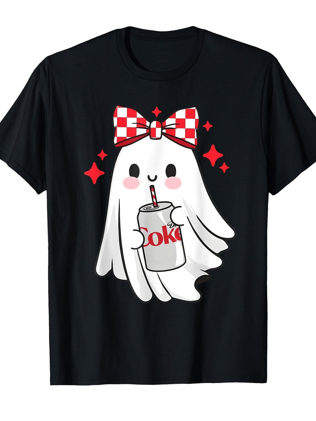 Cute Ghost With Coke T-Shirt Red Checkered Bow Soda Lover Graphic Tee