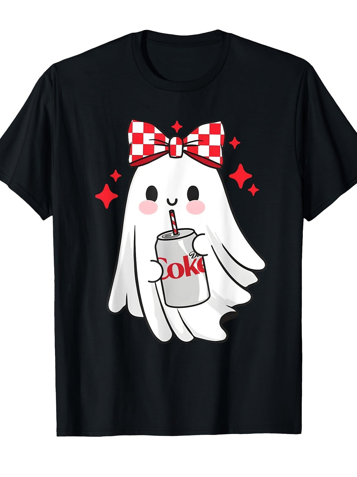 Cute Ghost With Coke T-Shirt Red Checkered Bow Soda Lover Graphic Tee