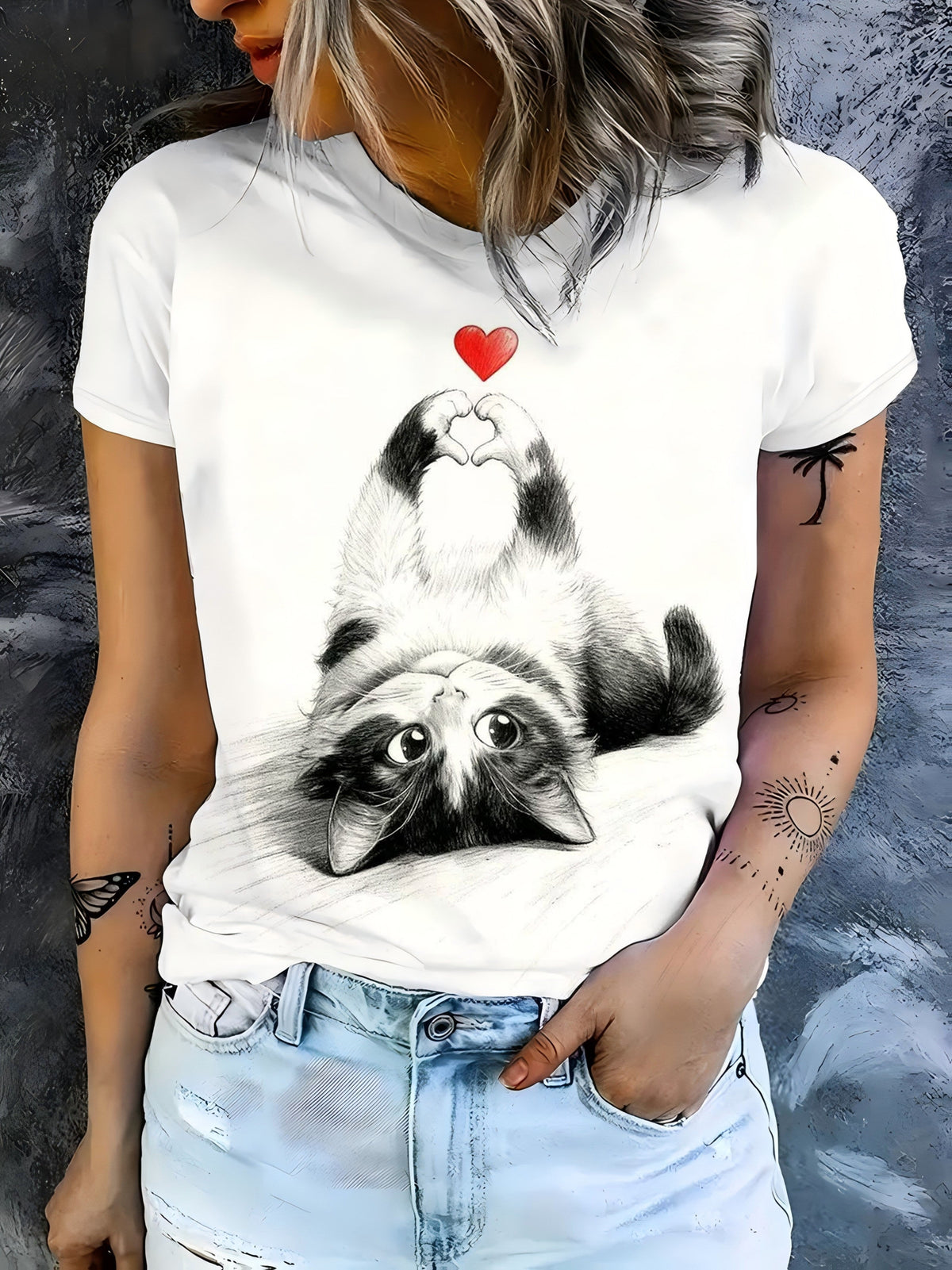 Cute Cat Heart Hand Print Tee Crew Neck Short Sleeve Casual Top