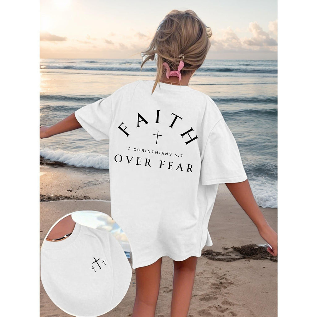Standard "Faith Overcomes Fear" Christian Inspirational Graphic T-Shirt, Comfortable 2026 Casual Short Sleeve Crew Neck Faith Apparel Black Summer