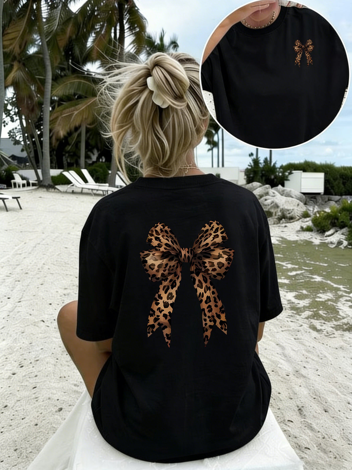 Crew Neck Double Sided Print Short Sleeve T-Shirt, Leopard Print Bow Graphic Front Back Tee, Casual Tops, Vintage Stylish Animal Pattern Printed TShirts