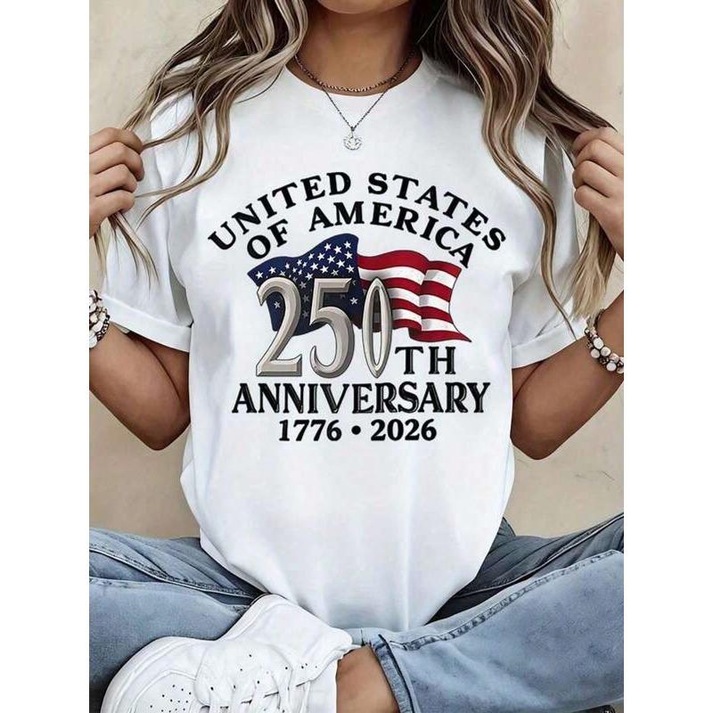 Men's 100% Cotton Relaxed-Fit Round Neck Shortsleeve T-Shirt - 250th Anniversary USA Patriotic Top (1776-2026 Independence Day, American Flag, 250 Years Text), Machine Washable Casual Streetwear Tee