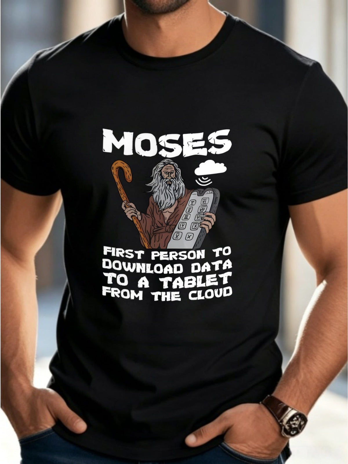 Moses Funny Cloud Download Graphic T‑Shirt, Humor Religious Casual Short Sleeve Tee for Men