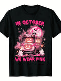 In October We Wear Pink Pink School Bus Ghost Pumpkin Halloween Graphic Short Sleeve T‑Shirt Spooky Fall Bat Moon Casual Tee Top