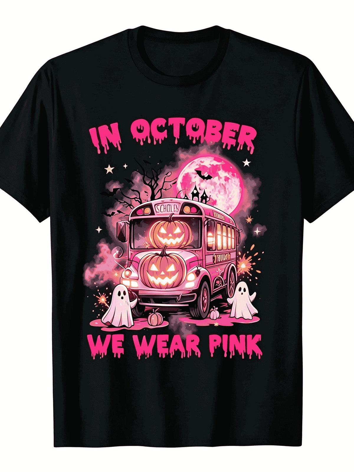 In October We Wear Pink Pink School Bus Ghost Pumpkin Halloween Graphic Short Sleeve T‑Shirt Spooky Fall Bat Moon Casual Tee Top