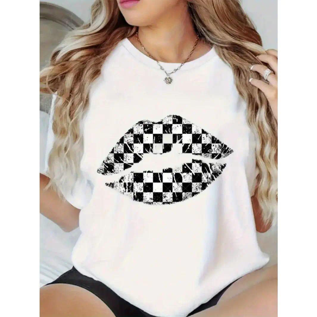 Womens Cotton Short Sleeve Graphic Tee Black And White Checkered Lips Print Casual Summer Top Crew Neck Soft Breathable Streetwear Outfit