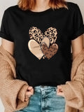 Women's Leopard Print Heart Graphic T-Shirt Casual Short Sleeve Round Neck Top