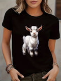 Women's Casual T-Shirt with Goat Print Round Neck Short Sleeve Top Clothing Casual Style TShirt