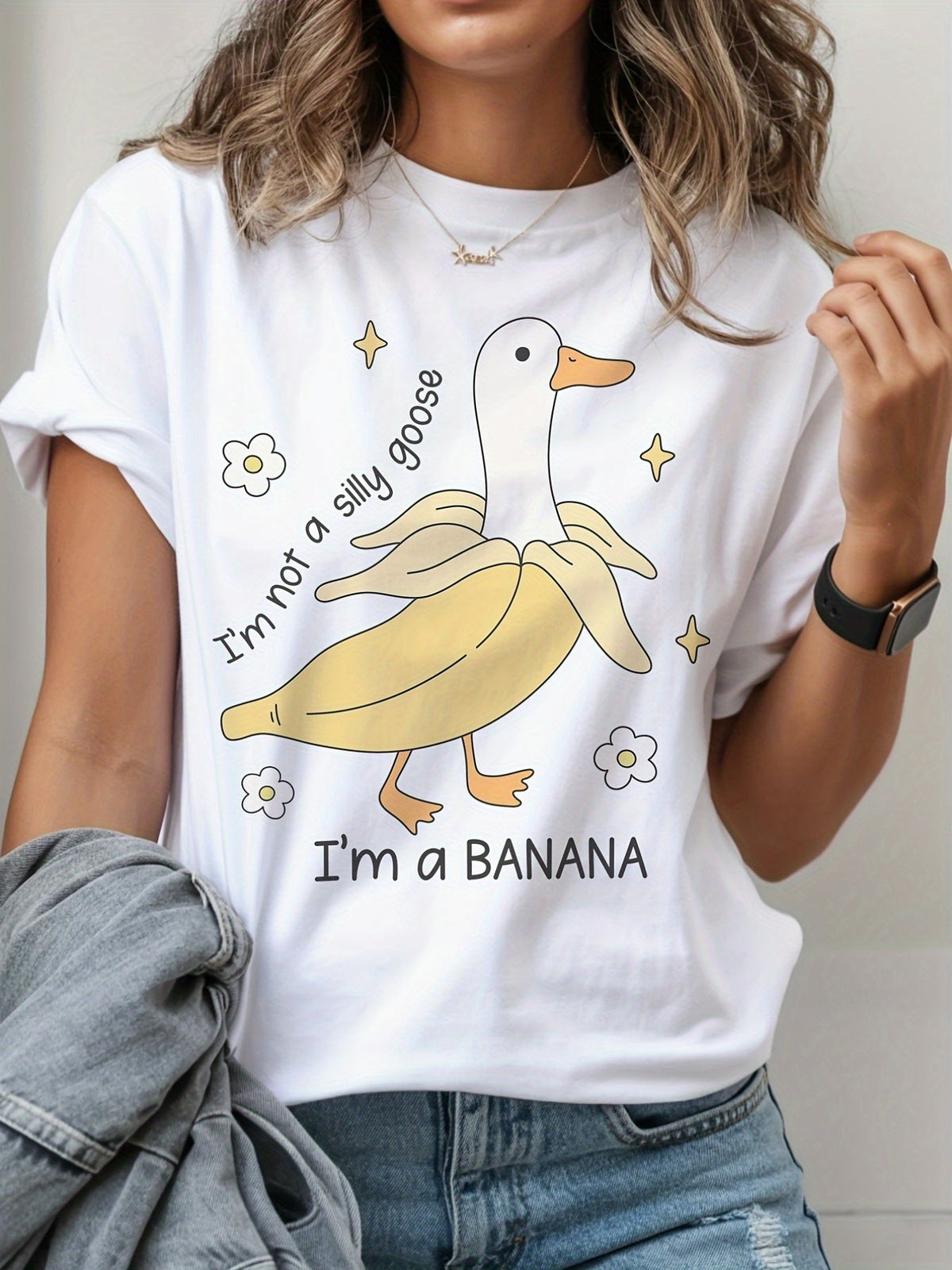 Women's Funny Goose T-Shirt, "I'm Not A Silly Goose I'm A Banana" Graphic Tee, Cute Short Sleeve Crew Neck Casual Top