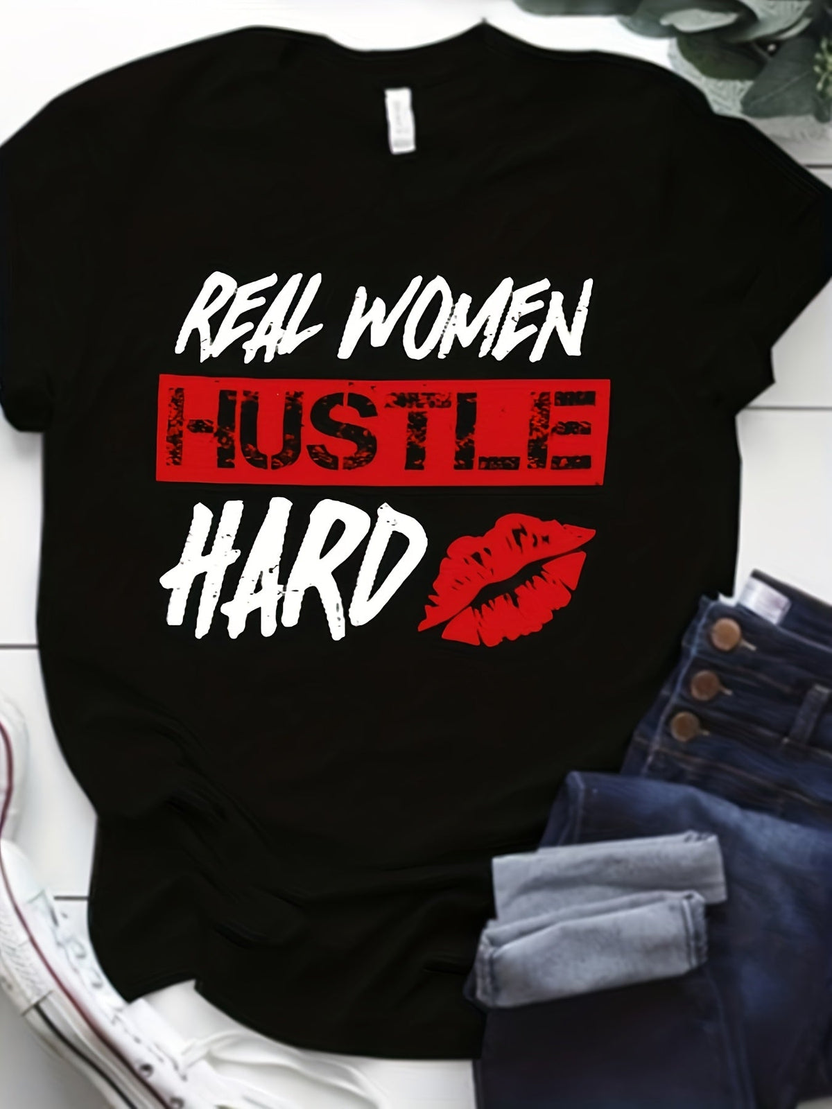 Women'S Real Women Hustle Hard Motivational Tshirt