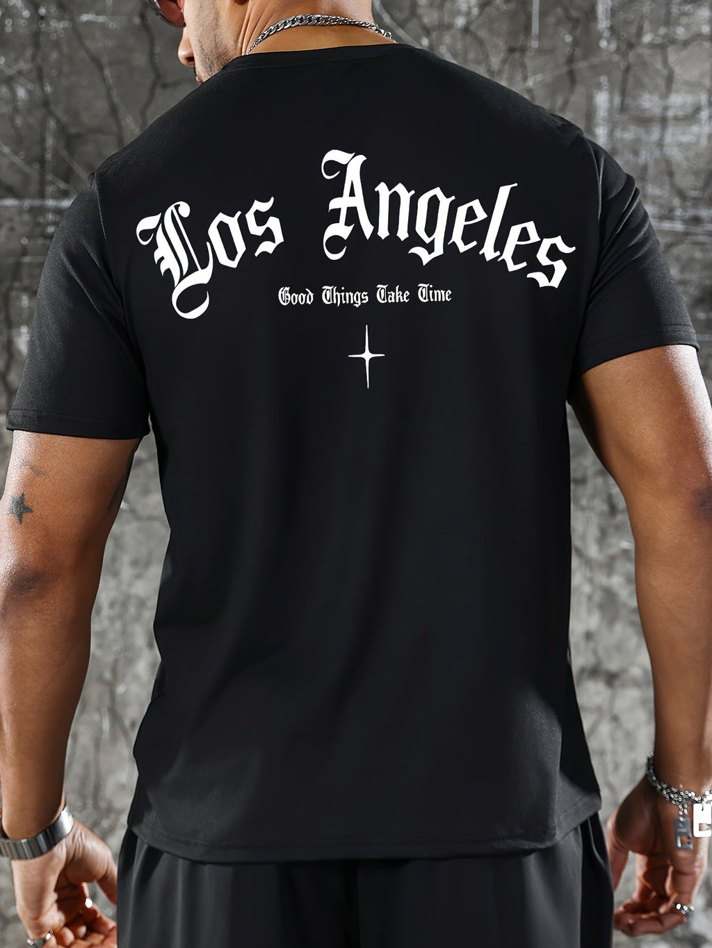 Men’s Los Angeles Gothic Graphic T‑Shirt, Crew Neck Short Sleeve Streetwear Tee "Good Things Take Time" Back Print Casual Top, Black