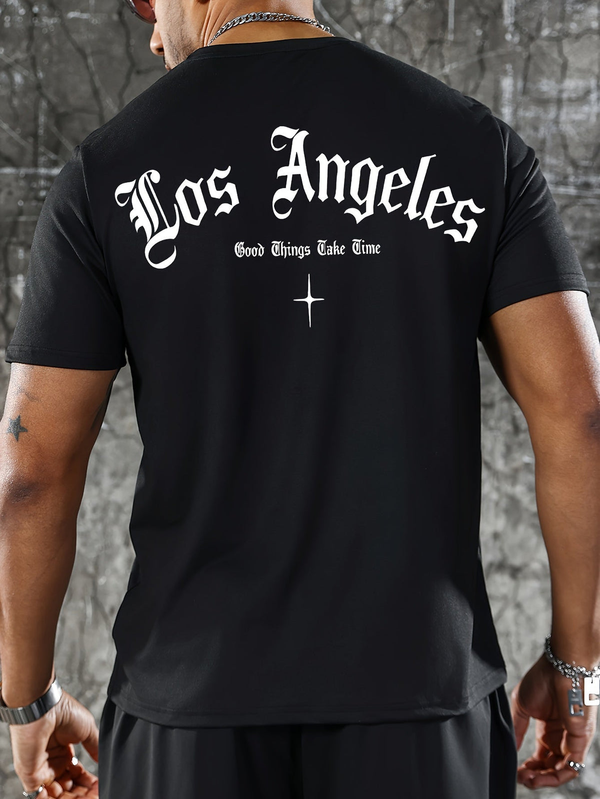 Men’s Los Angeles Gothic Graphic T‑Shirt, Crew Neck Short Sleeve Streetwear Tee "Good Things Take Time" Back Print Casual Top, Black