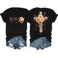 Lady's Casual Round Neck Short-Sleeve Christian Top, Faith Cross Graphic Tee with Beautiful Floral Cross Print